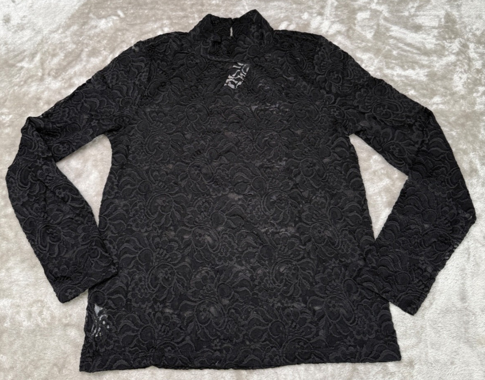 Loft Black Lace Long Sleeve Turtleneck Top Shirt Womens Size L NWT